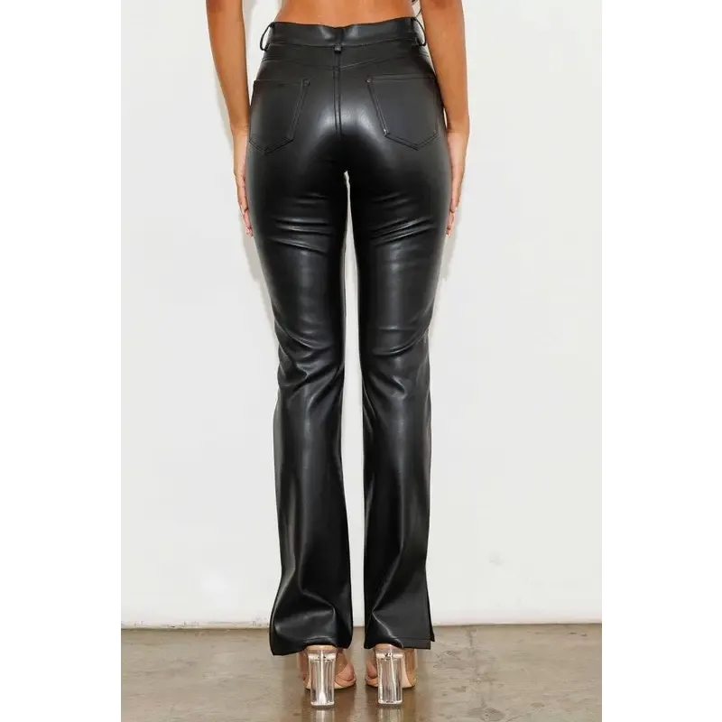 Vegan Leather Side Slit Bootcut Pants