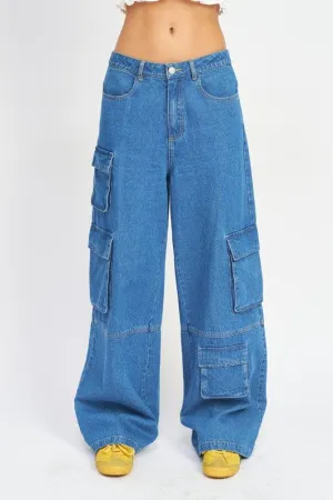 WIDE LEG DENIM PANTS WITH POCKETS CARGO PARACHUTE PANTS  *Online Only*