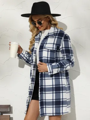 Women's Buffalo Plaid Trench Coats Thick Long Sleeve Button Down Flannel Jacket Lapel Peacoat