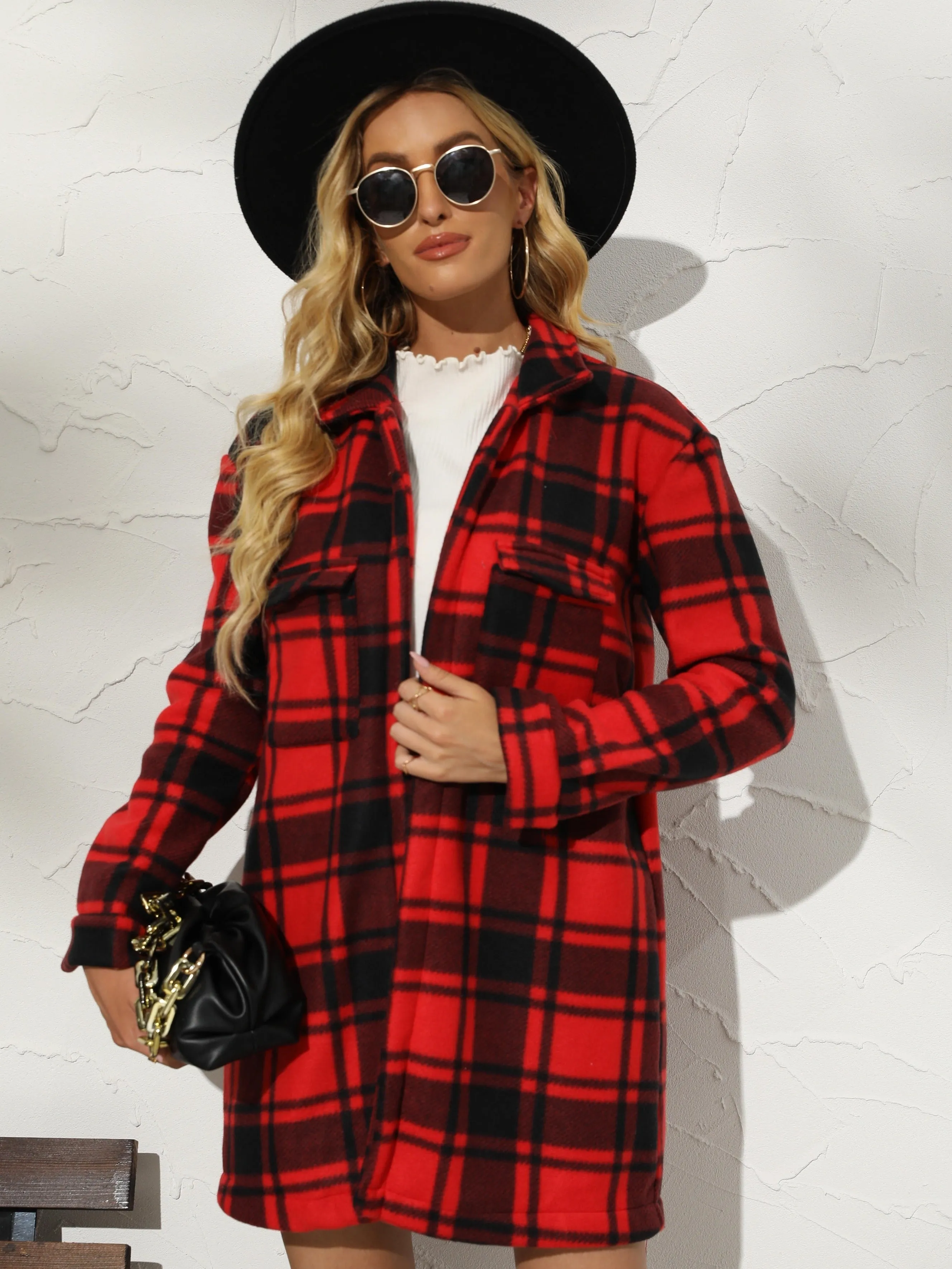 Women's Buffalo Plaid Trench Coats Thick Long Sleeve Button Down Flannel Jacket Lapel Peacoat