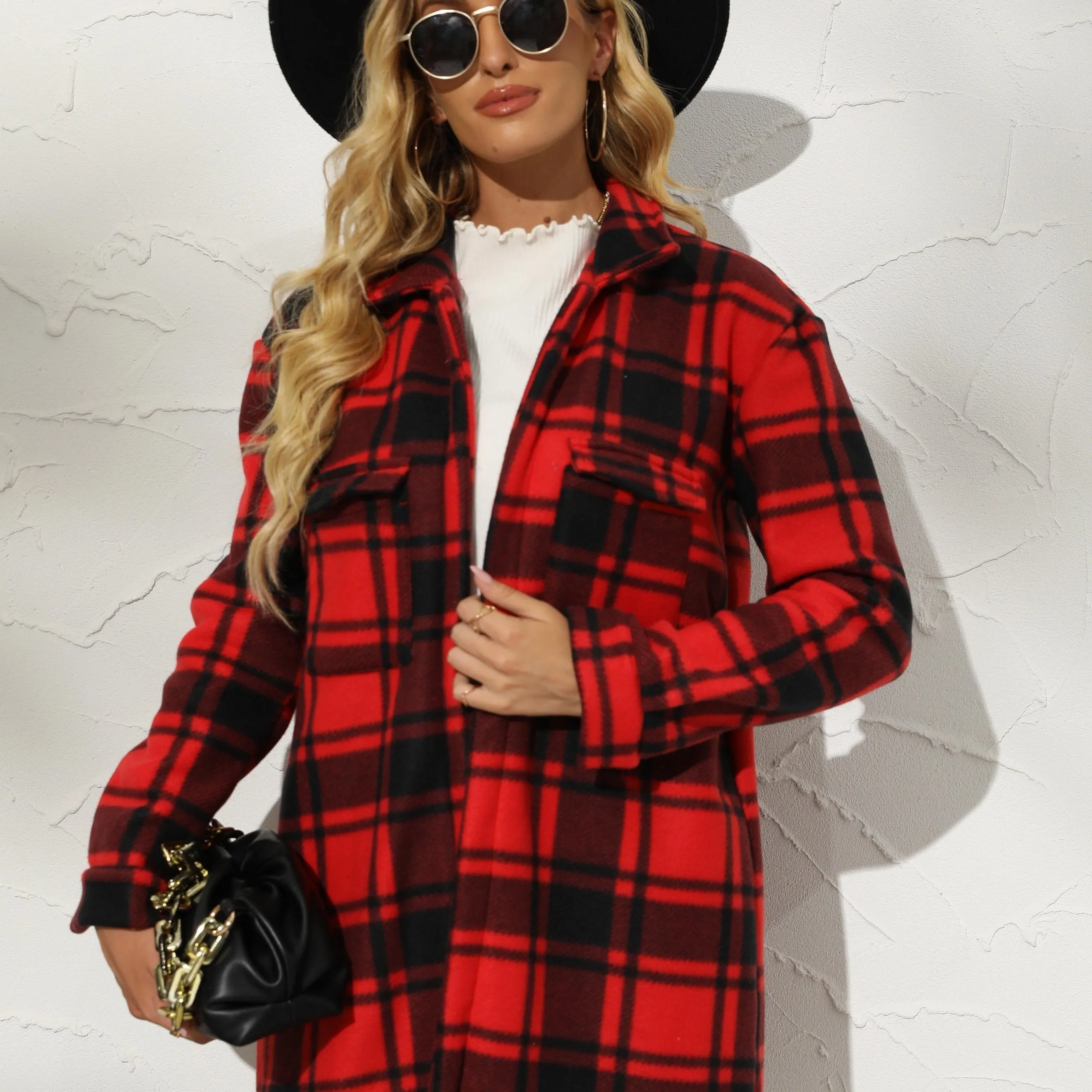 Women's Buffalo Plaid Trench Coats Thick Long Sleeve Button Down Flannel Jacket Lapel Peacoat