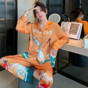 Women's Imitation Silk Pajamas Spring Autumn Thin Print Long Sleeve Pants Cardigan Set Comfortable Casual Home Suit