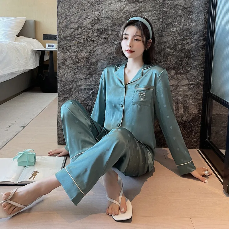 Women's Pajamas Set V Neck Luxury Style Fashion Heart Embroidered Sleepwear Silk Like Home Suit Nightwear Pijama Femme