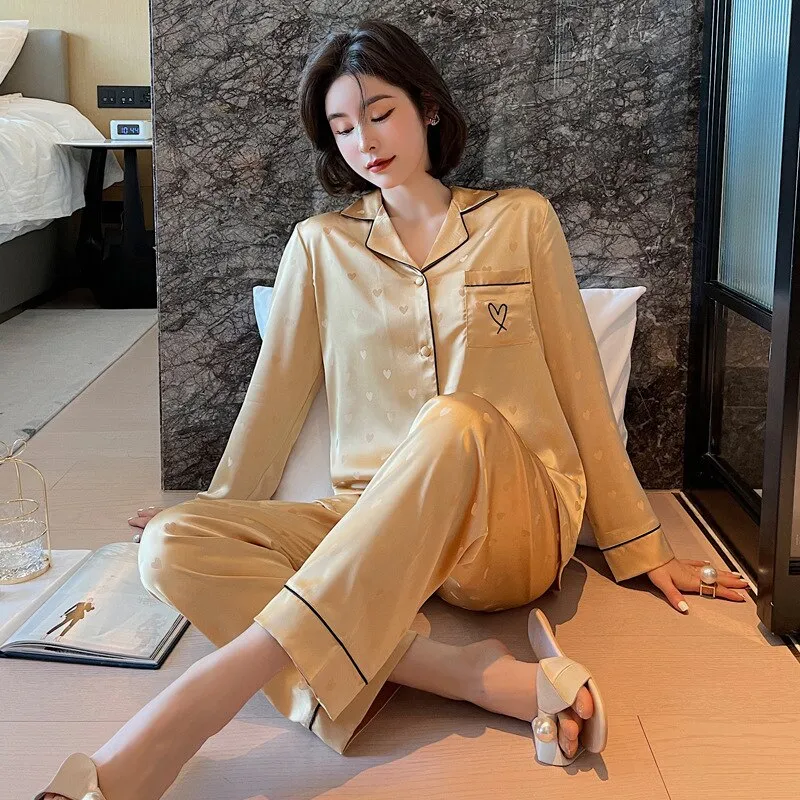 Women's Pajamas Set V Neck Luxury Style Fashion Heart Embroidered Sleepwear Silk Like Home Suit Nightwear Pijama Femme