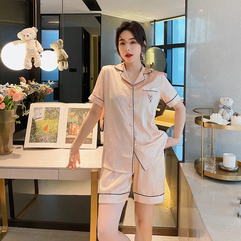 Women's Pajamas Set V Neck Luxury Style Fashion Heart Embroidered Sleepwear Silk Like Home Suit Nightwear Pijama Femme