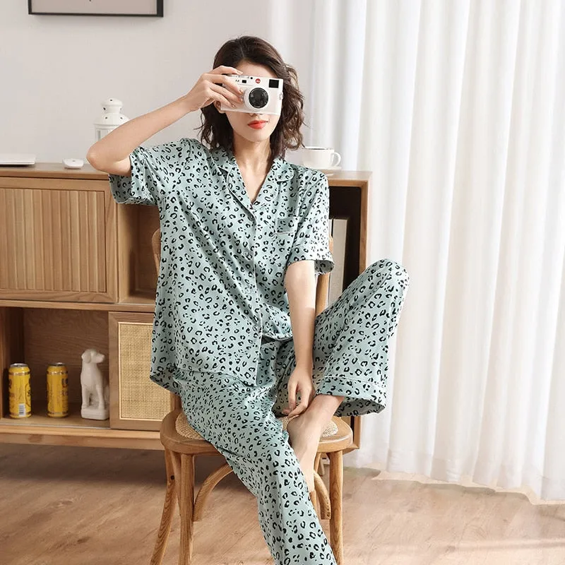 Women's Spring Summer Chiffon Pajamas Luxury Leopard Print Short Sleeve Pants Homewear Set Fashion Casual Home Suit