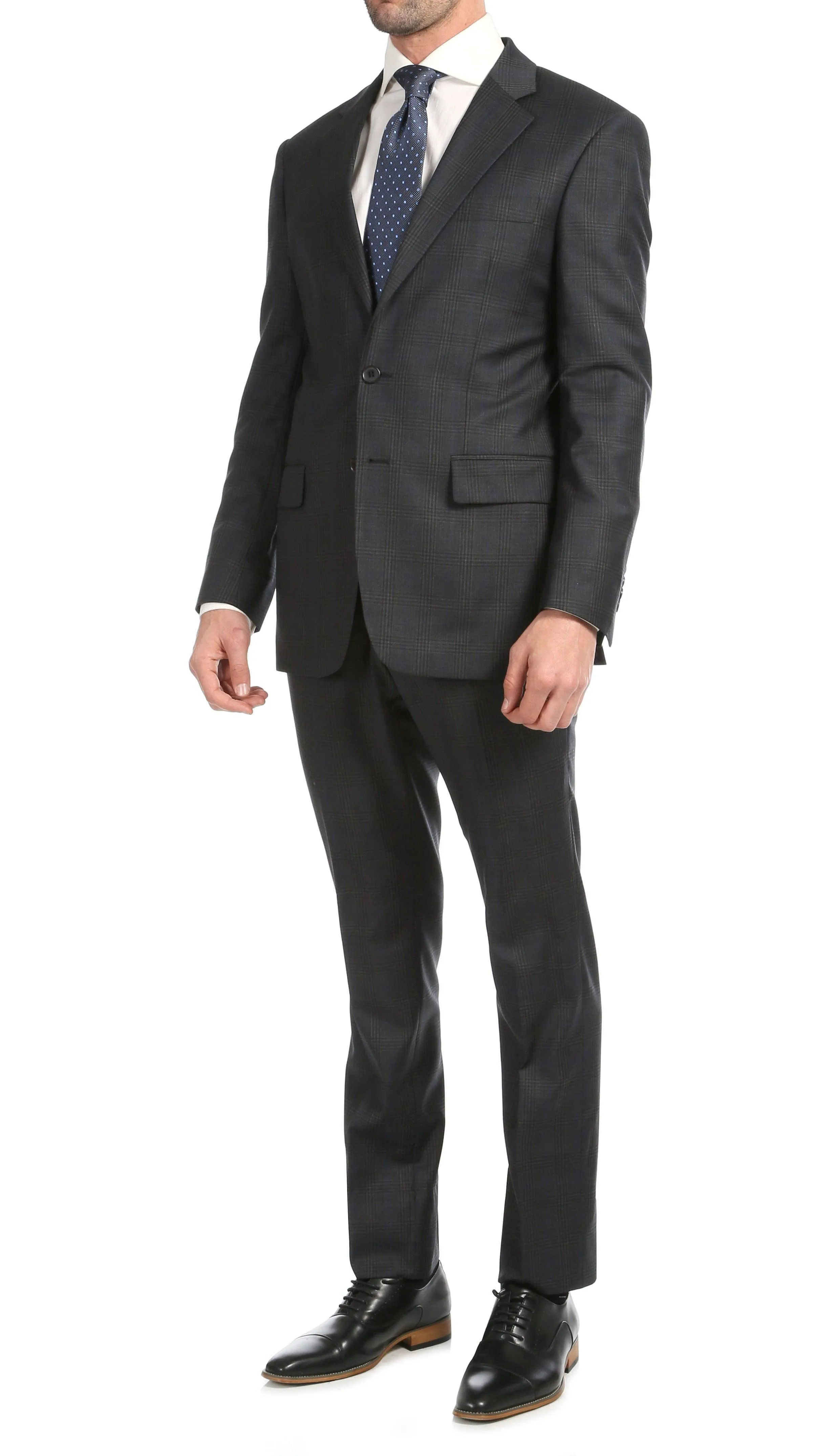 Yves Grey Plaid Check Men's Premium 2 Piece Wool Slim Fit Suit